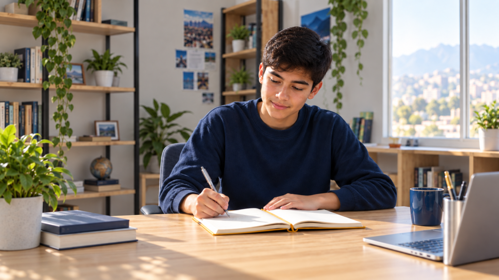 Postulante estudiando y tomando apuntes en su escritorio – Curso de Desarrollo Personal CEPRIEM