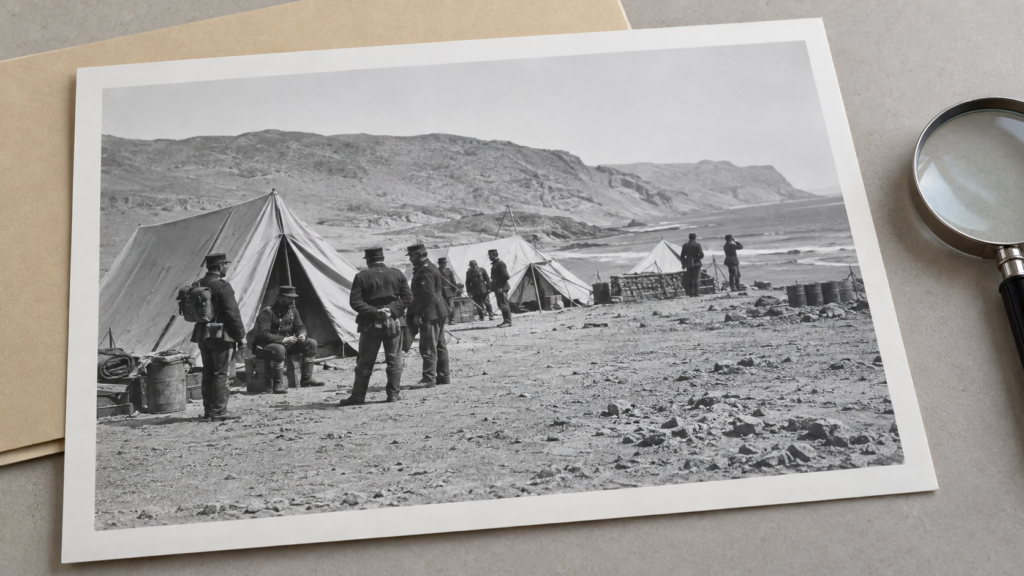 Fotografía de estilo histórico de un campamento militar en la costa del norte, junto a una lupa – Curso de Historia Naval de Chile CEPRIEM