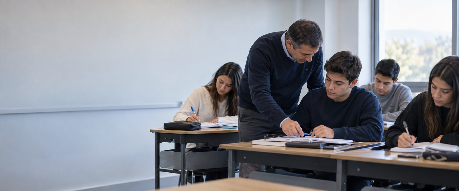 Docente de CEPRIEM acompañando a un postulante durante una clase de preparación